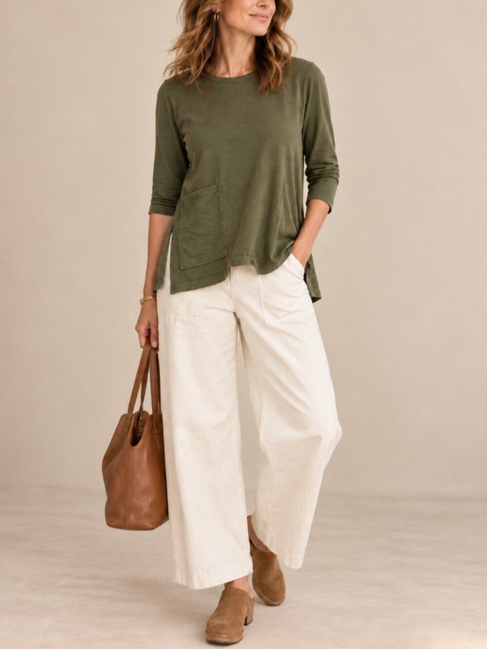 Eileen Fisher Olive Green Asymmetrical Patch Pocket Top Size S